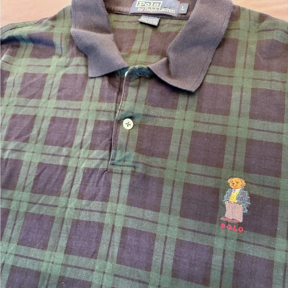 Vtg Polo Ralph Lauren Embroidered Bear Mens Large Green Blue Plaid Polo Shirt